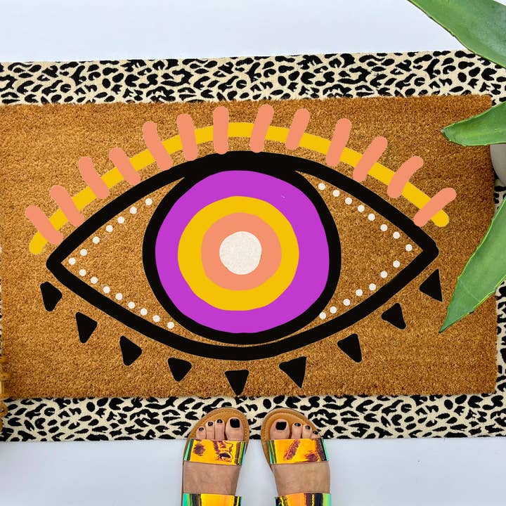 Evil Eye Coir Doormat, size 18x30, whimsical welcome mat for wholesale by Cindy Hughes Design