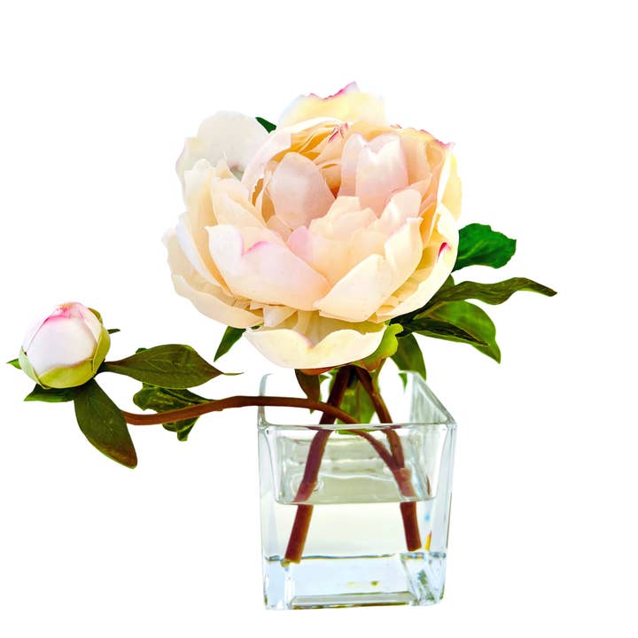 Peony Flower Arrangement in Glass Vase - 10" for wholesale by Vivian Rose LLC