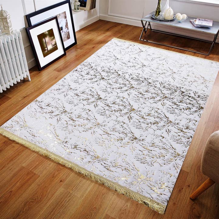 Gold Floral Design White Plush Rug, Handmade Area Rug for wholesale by Karelias And Sons