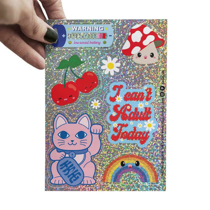 Feuille d'autocollants pailletés Maneki Neko, fleurs et plus pour la vente par Studio Inktvis