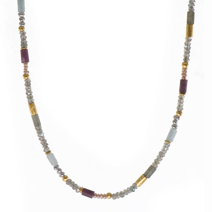 Labradorite, Ruby and Natural Pearl 3mm Necklace 24K Fair Trade Gold Vermeil for wholesale by Joyla Jewelry