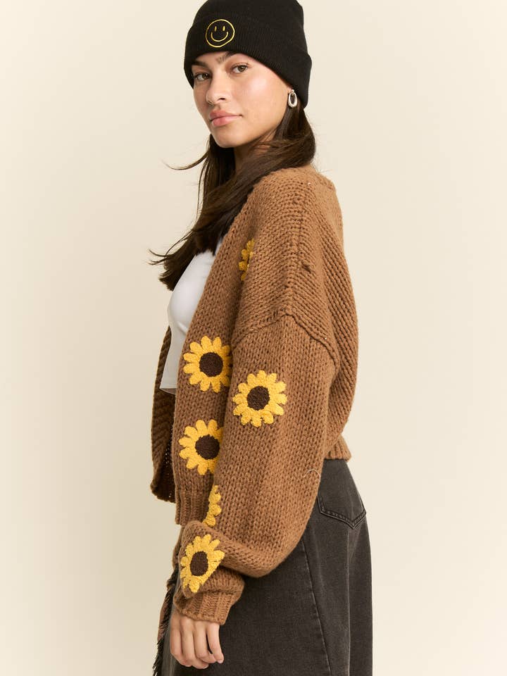 Brown SUNFLOWER KNIT CARDIGAN for wholesale on Faire1