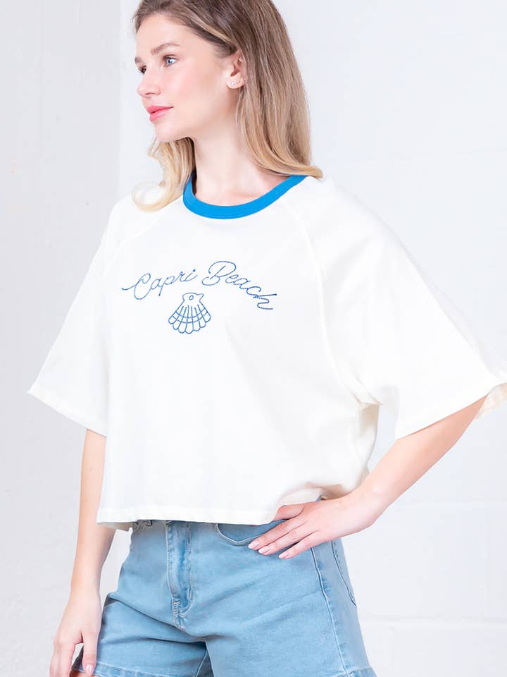 KOFFIEMELK HT28686T-KORTE RAGLANMOUW RONDE HALS SHELL-BORDUURTOP voor groothandel op Faire3