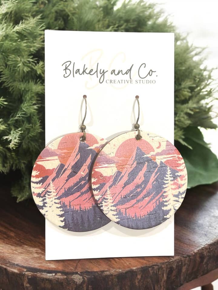 Mountain Scene Cork Leather Earrings for wholesale by Blakely and Co.