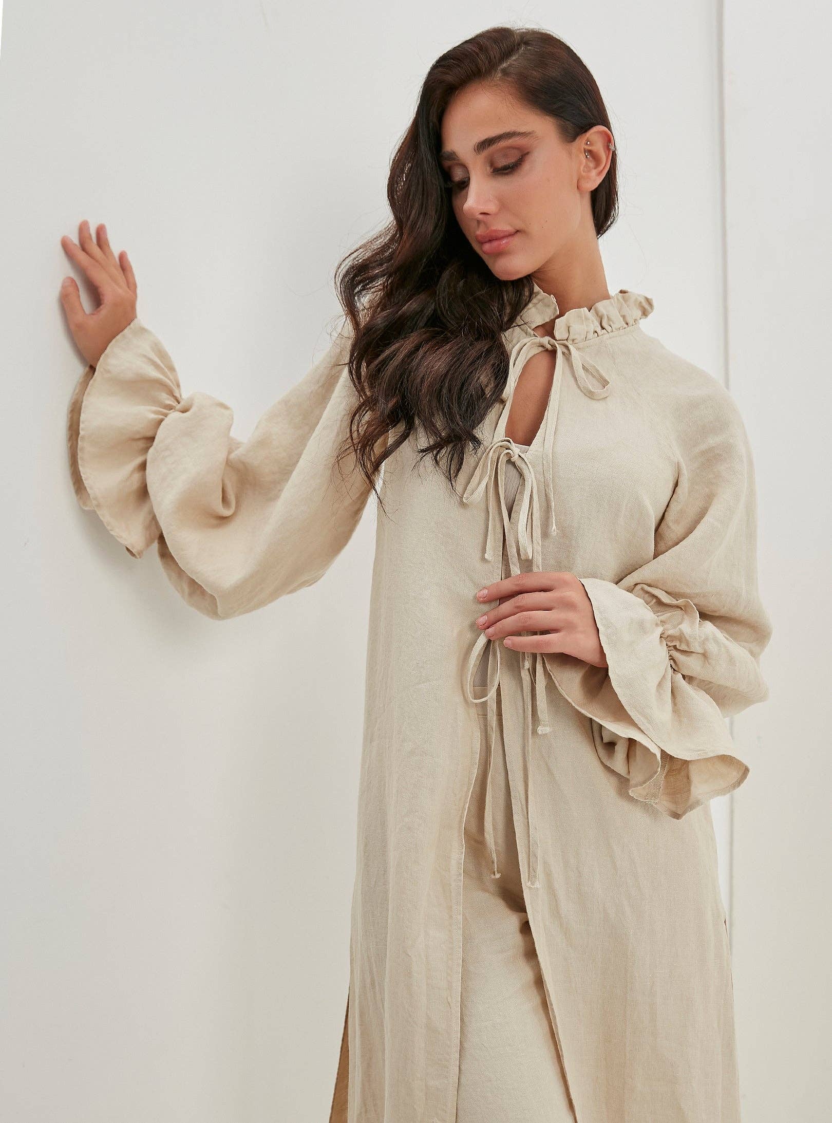 Store WF – wholesale Top & pants set (NOT Loungewear) – Women's – 100% Washed Linen Beige Balloon Sleeve Kimono Trousers Set2