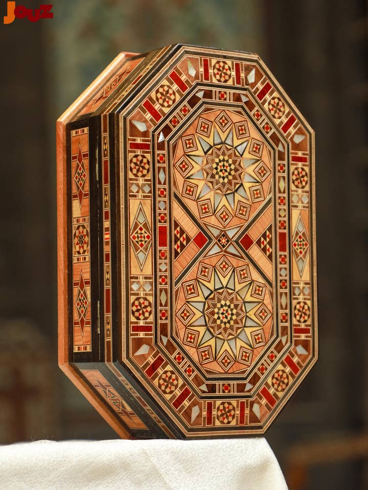 Handmade Wooden Mosaic Box - Syrian Marquetry Jewelry Box with Mother of Pearl Inlay, Unique Gift for Her, Boho Home Decor. for wholesale by JOUZ