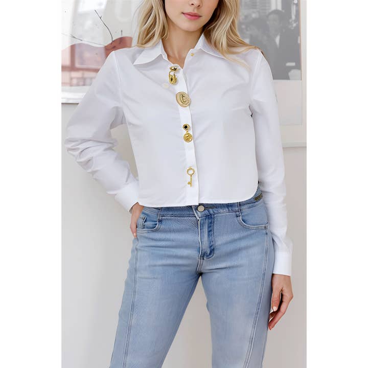 X9901CT Cropped Poplin Shirt with Statement Button for wholesale by XHHH Inc