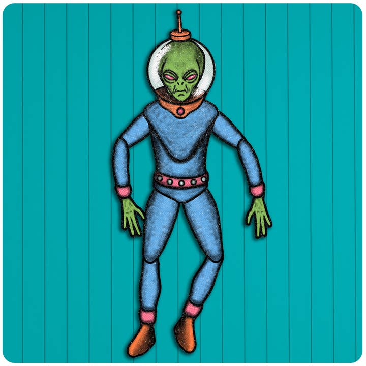 Fully Jointed Space Alien Cutout Wall Decoration for wholesale by Ryan Dowell Art