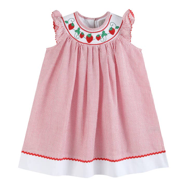 Lil Cactus - Wholesale Dress - Kids - Red Seersucker Strawberry Smocked Bishop Dress