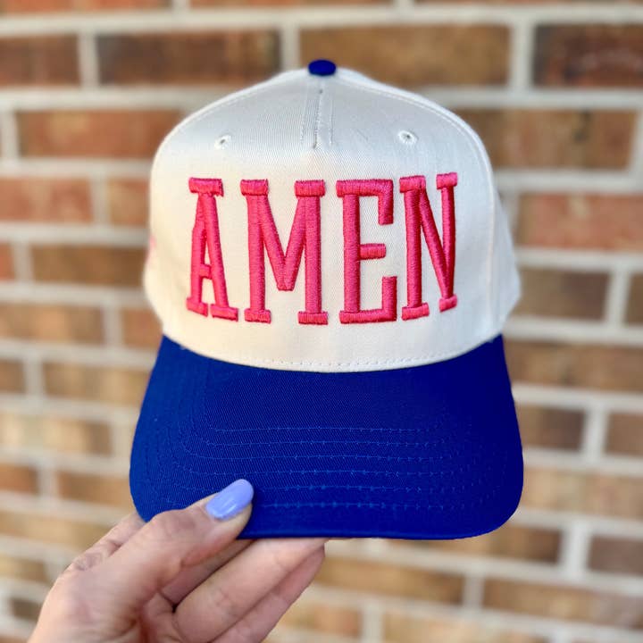 Amen Embroidered Hat – Hot Pink & Blue Christian Baseball Cap | Proverbs 3:5 Faith Hat | Spring Summer Christian Hat for wholesale by Swain Co. Embroidery & Press