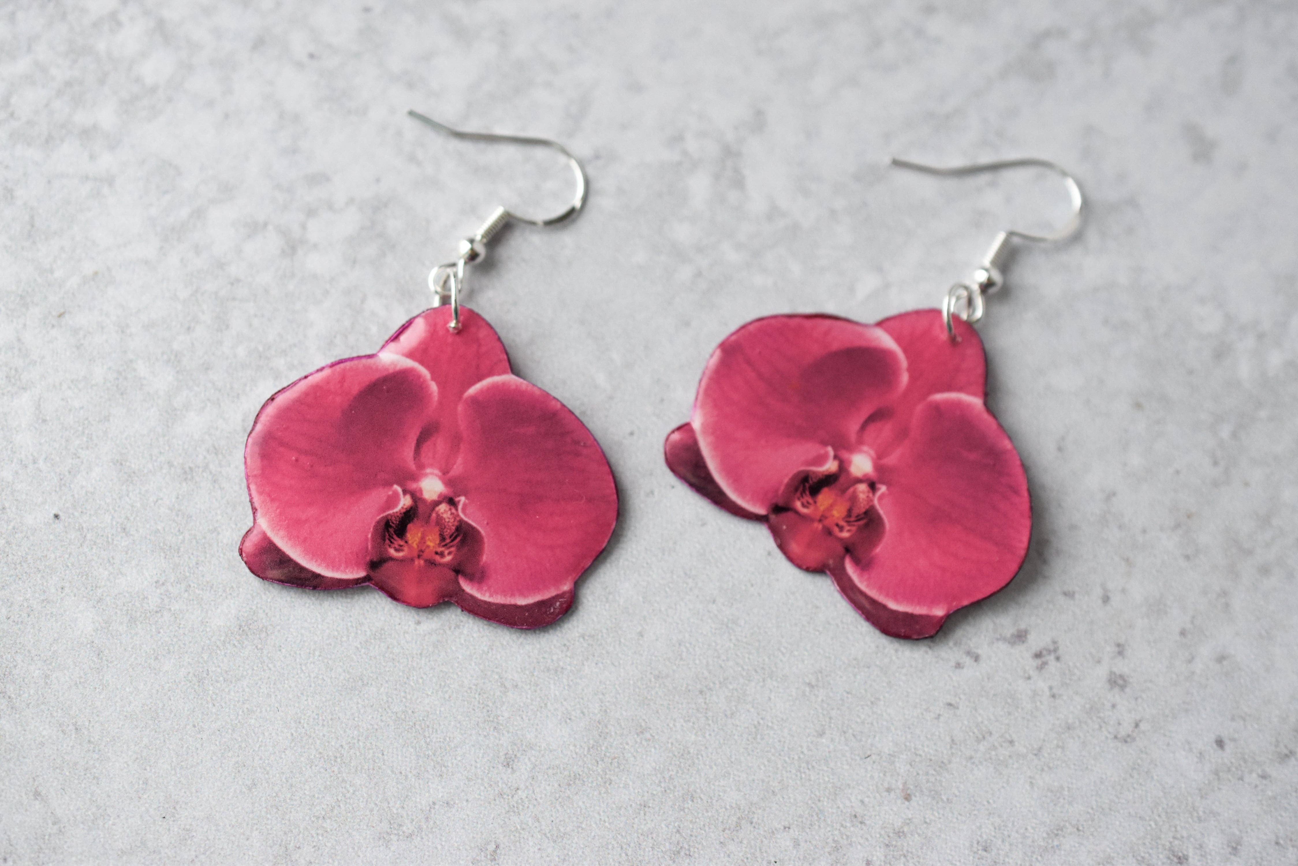 For the Love of Foliage - Wholesale Dangle Earrings - Magenta Orchid Bloom Plant Earrings | Blossom Earrings1