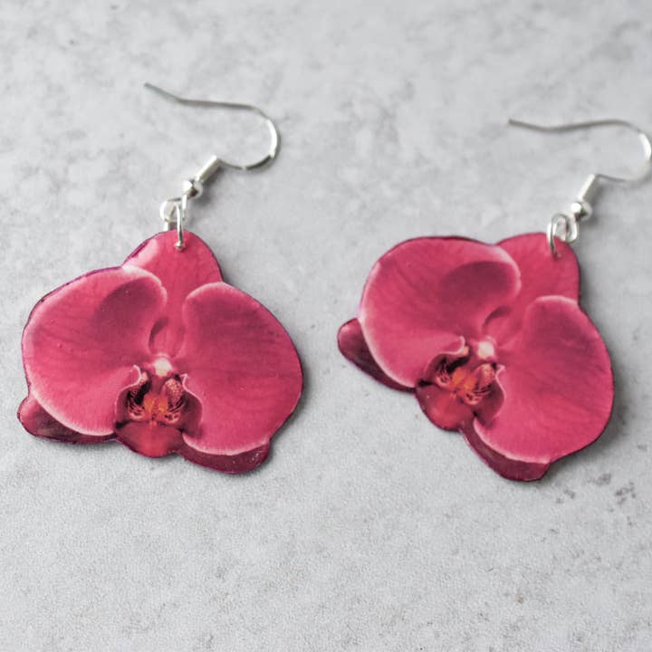 For the Love of Foliage - Wholesale Dangle Earrings - Magenta Orchid Bloom Plant Earrings | Blossom Earrings1