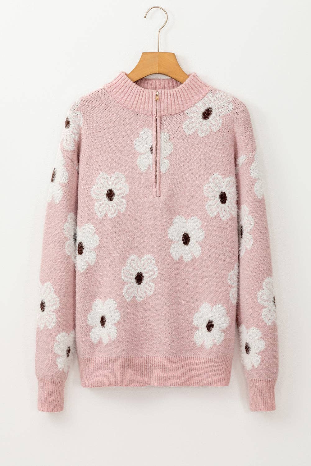 Lovesoft - Vente Pull en maille – femme - Pull à épaules tombantes à demi-fermeture éclair à motif floral pour femmes14