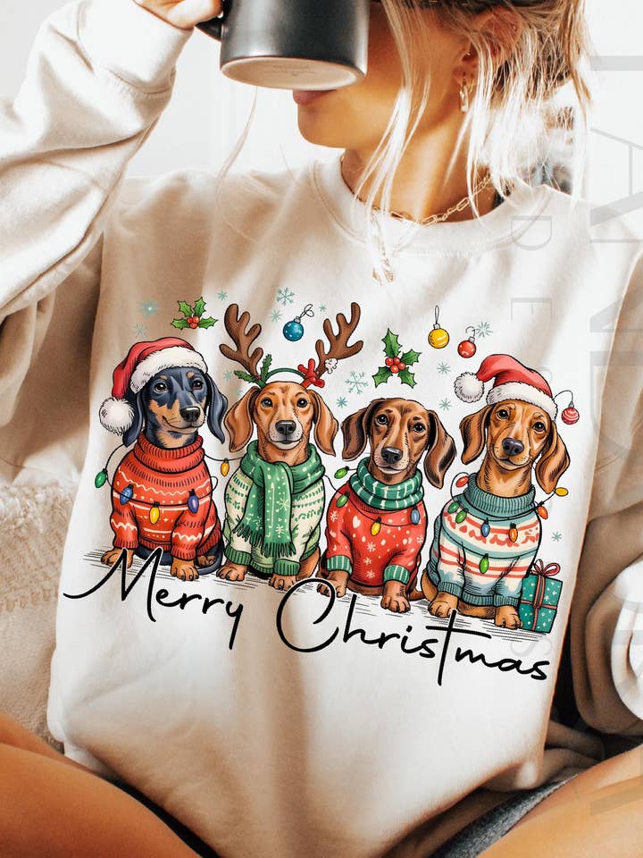DLT Ecommerce - Wholesale T-Shirt (Graphic) - Women's - Merry Christmas Dachshund Shirt, Cute Sausage Dog Sweater0