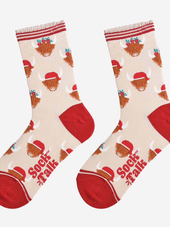 Sock Talk - Wholesale Socks – Women's - Women's Bamboo Socks - Cream/Red, Christmas Highland Cow13