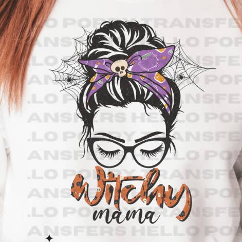Halloween Messy Bun Witchy Mama, transfert DTF polychrome pour la vente par Hello Poppy Transfers
