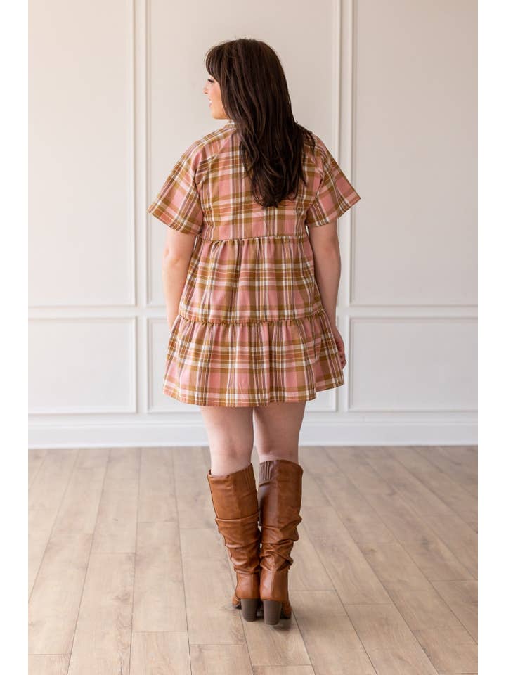 A Walked Through the Leaves Plaid Flutter Sleeve Dress for wholesale on Faire