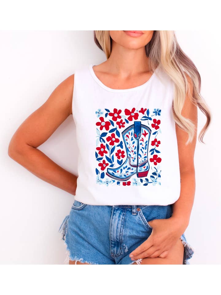Gia Gifts Boutique - Wholesale Tank Top - Women's - Floral Western Cowgirl Boots USA Tank Patriotic