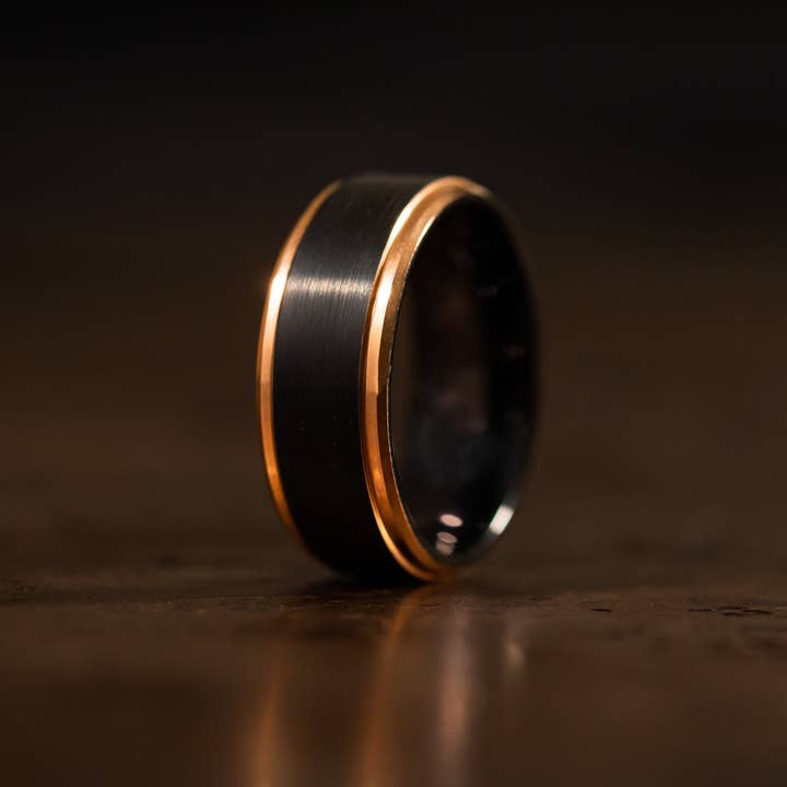 Black Ring with Gold Edges, Black Wedding Band for Men for wholesale by AxBands