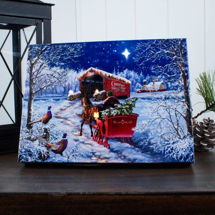 Starry Winter Night 8x6 Lighted Tabletop Canvas for wholesale by Glow Decor
