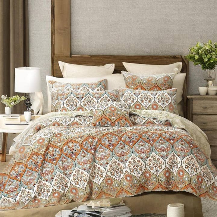 DaDa Bedding Bohemian Floral Paisley Garden Coral Teal Quilted Bedspread Set (LH1403) for wholesale by DaDalogy Bedding