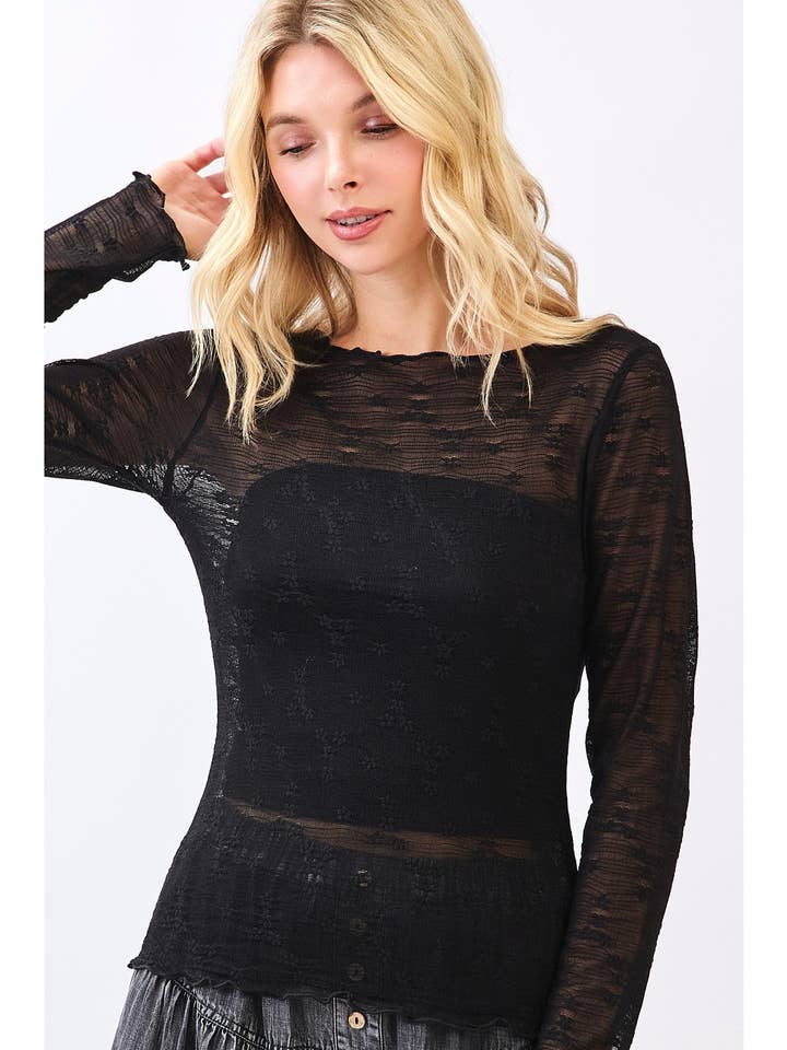 Haut à manches longues en dentelle florale mini à encolure bateau pour la vente par mittoshop