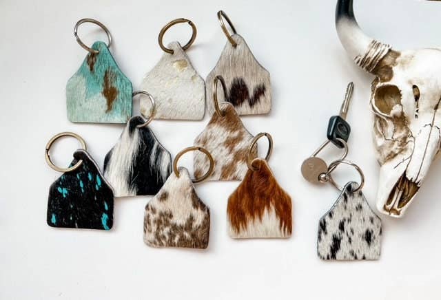 Boho Ranch Shop – wholesale Keychain – Women's – Cowhide Eartag Keychain | Cow Cattle Ear Tag Hair On Cowhide1