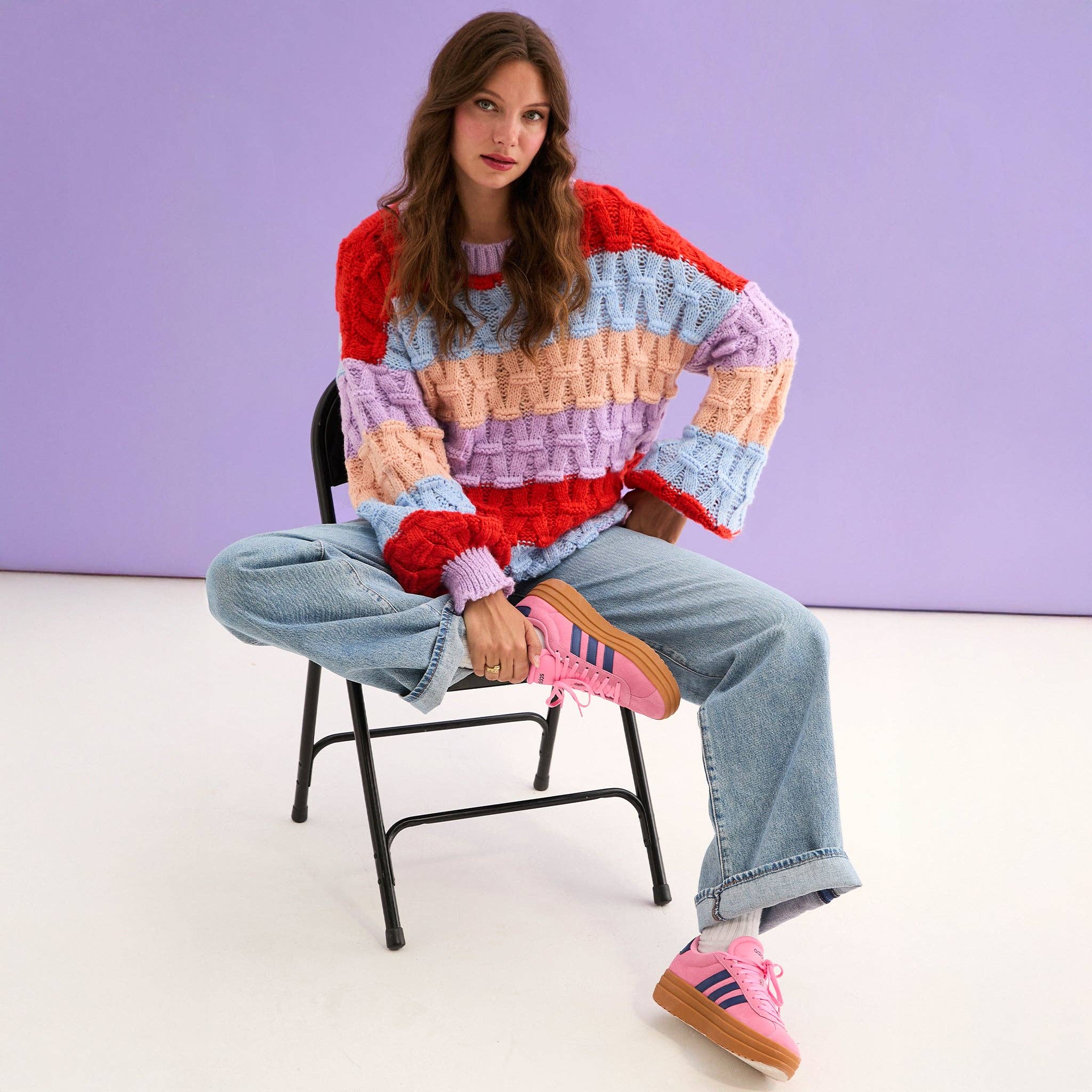 Cara & The Sky – wholesale Knitted jumper – Women′s – Mandy Criss-Cross Stitch Balloon Sleeve Stripe Jumper - Orange6