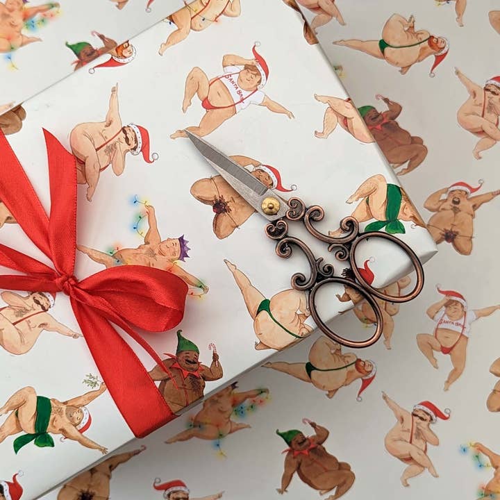 Christmas chubby men wrapping paper, funny dancing men for wholesale by Hes Designs