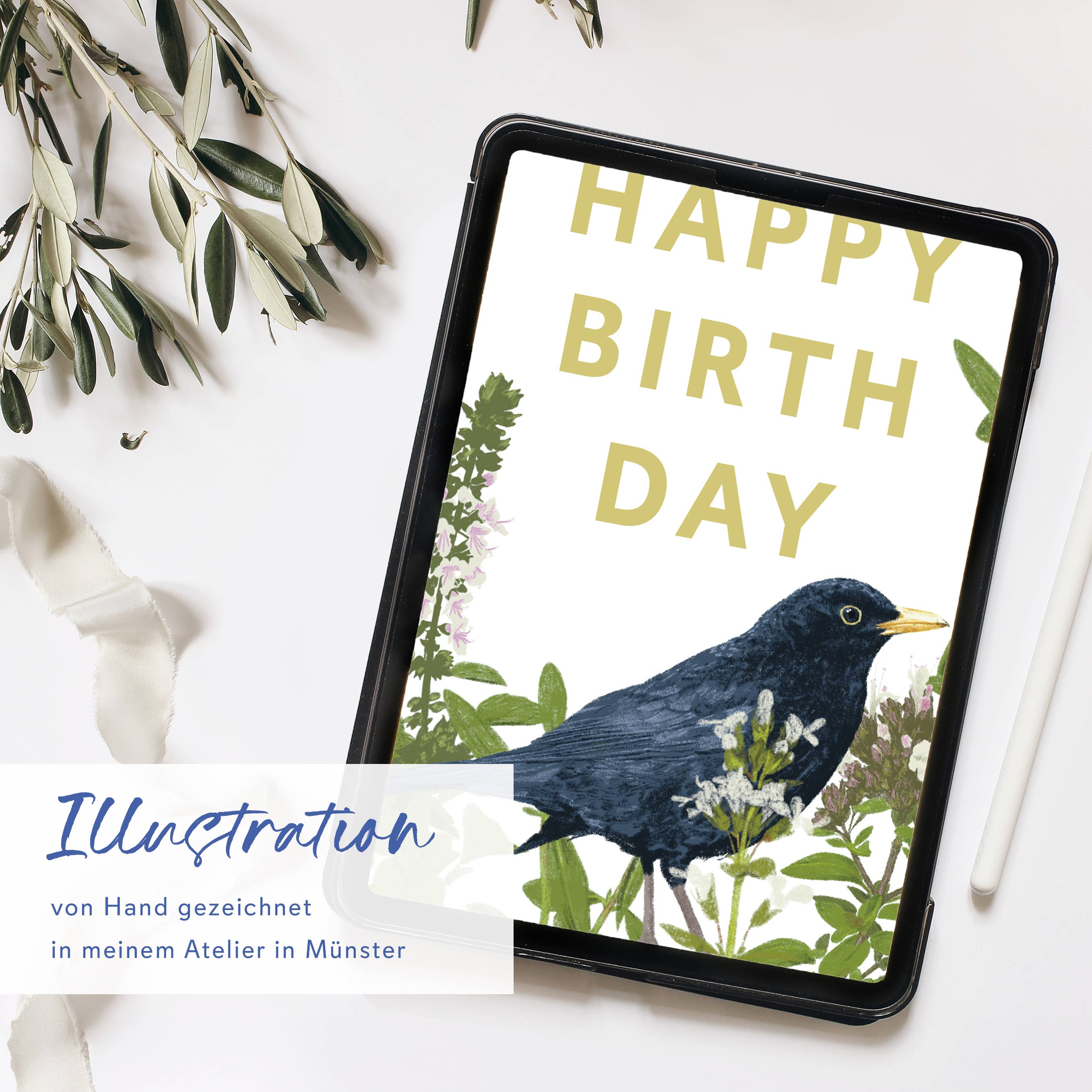 Wildblumen Atelier - Wholesale Birthday Card - Happy birthday postcard with bird and wildflowers FSC paper2