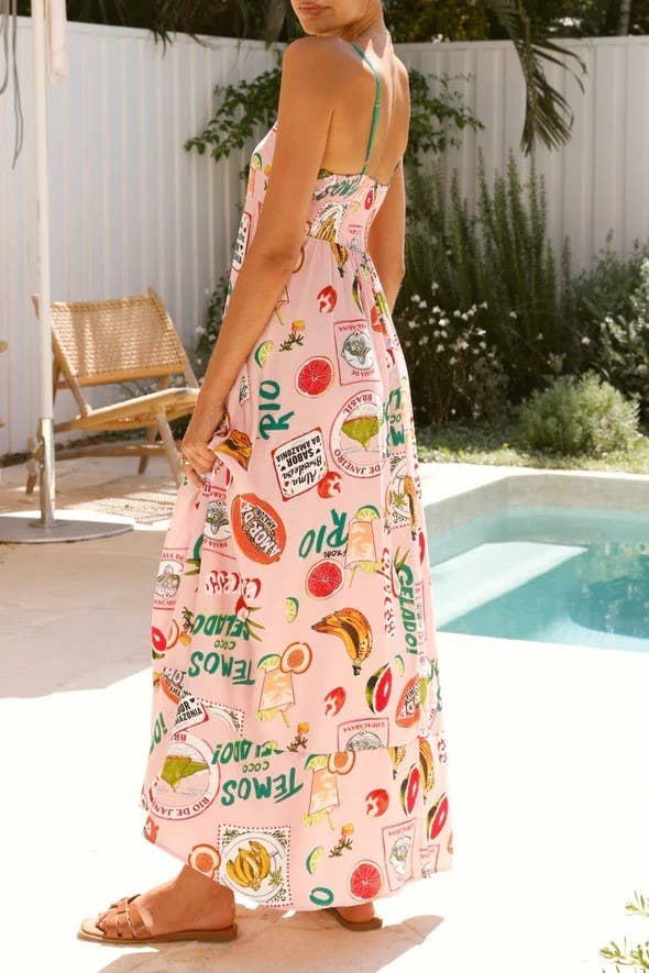 Pink 2025 Savanna Tropical Fruits print large swing flare dress for wholesale on Faire2