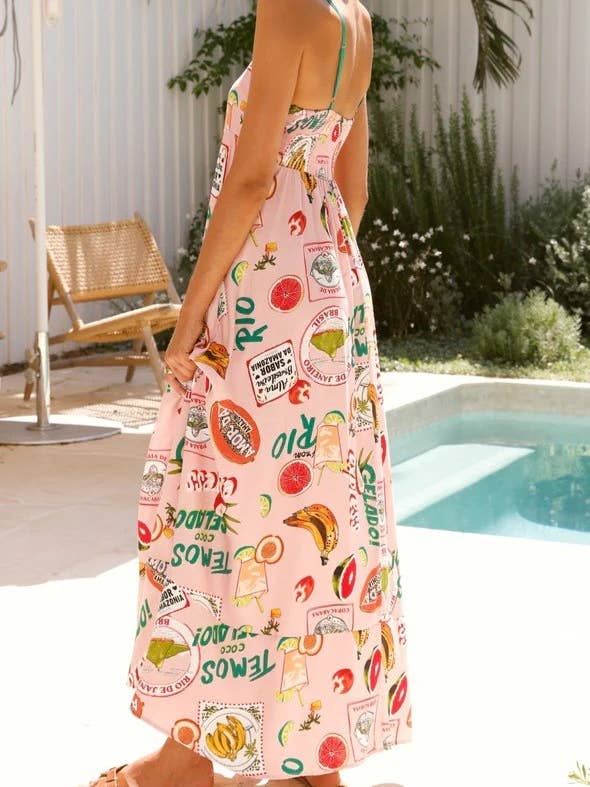Pink 2025 Savanna Tropical Fruits print large swing flare dress for wholesale on Faire2
