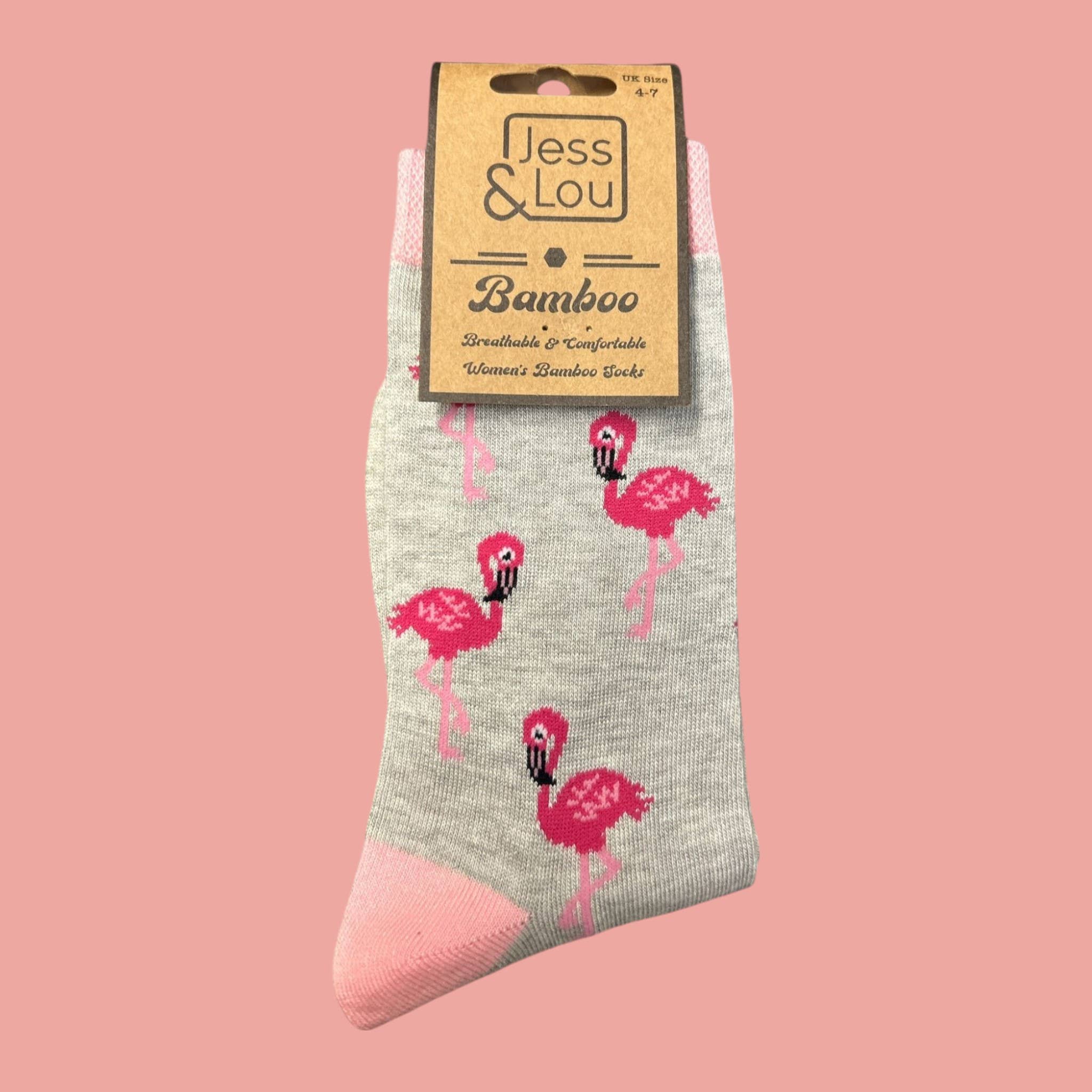 Jess & Lou – Großhandel Socken – Damen – Graue elegante Flamingo-Bambus-Damensocken BW2411