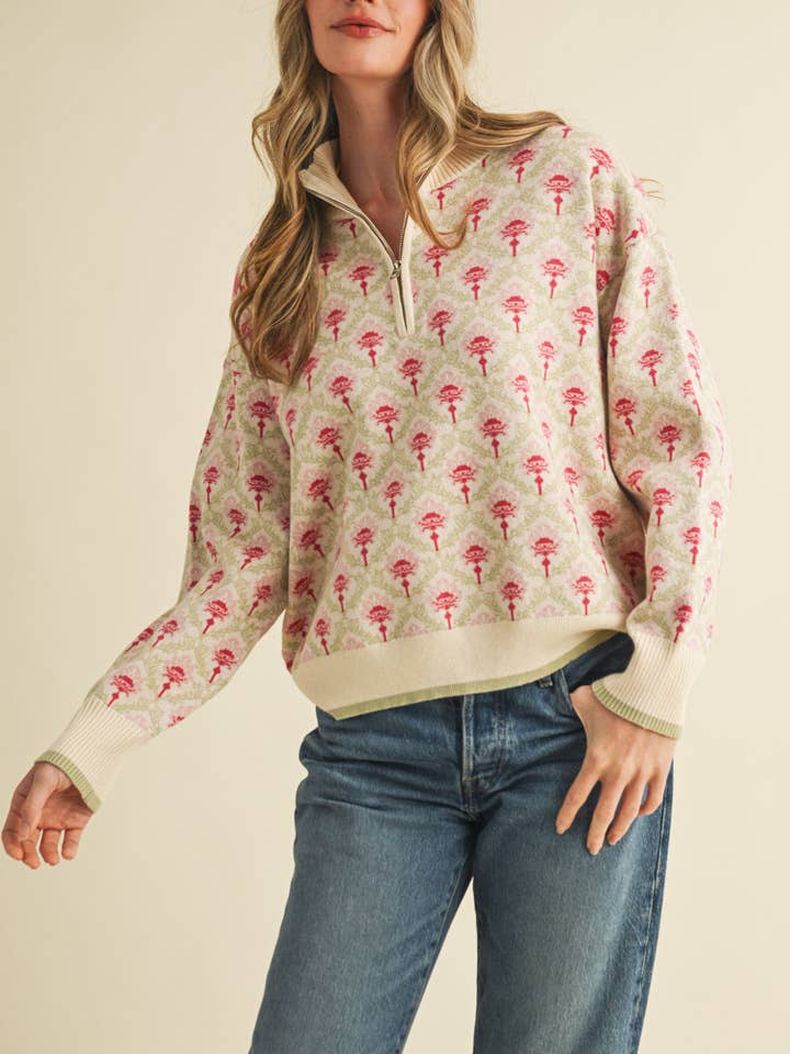 &MERCI - Wholesale Knit Sweater - Women's - FLORAL MOCK NECK HALF ZIP PULLOVER MSW1082922