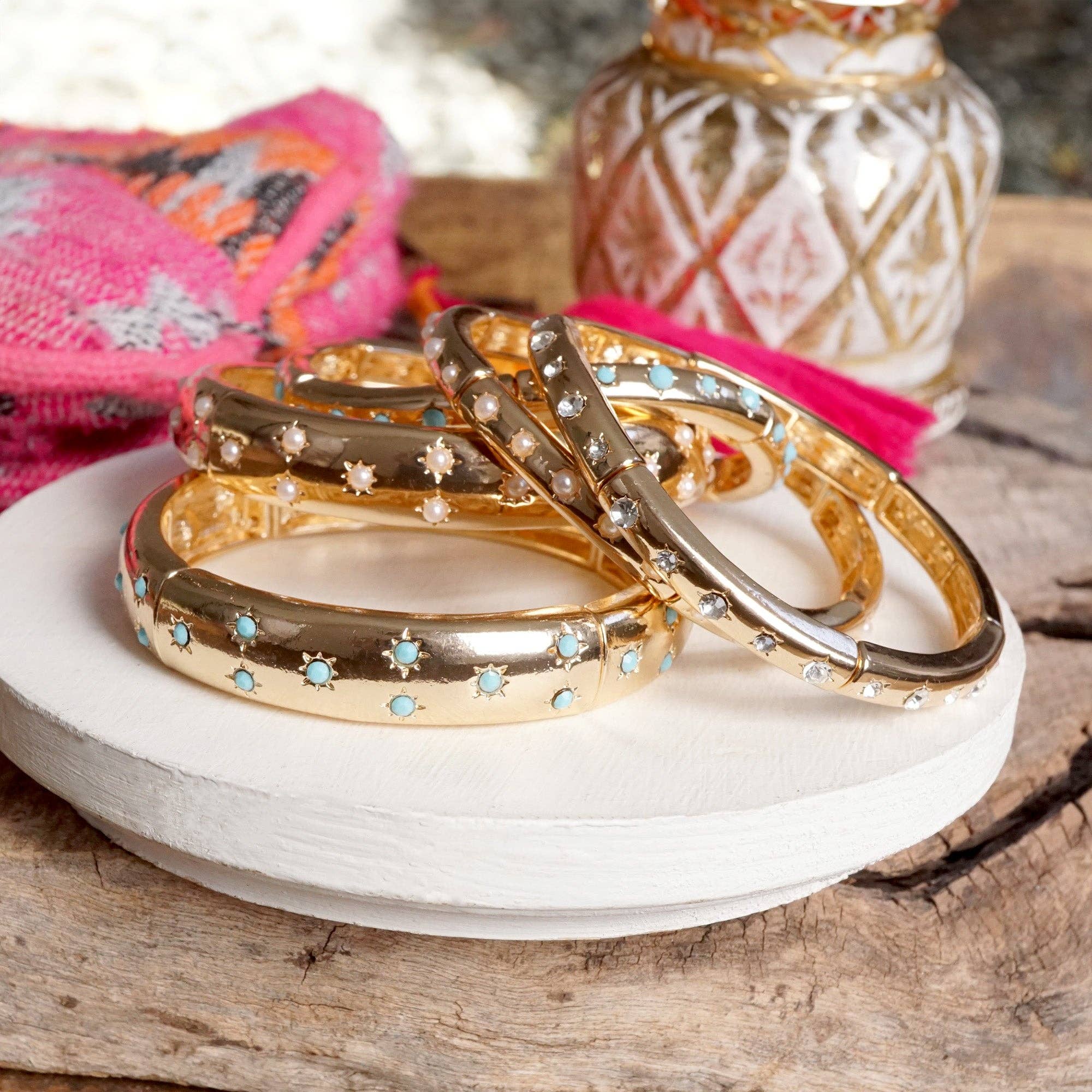 PennyLine inc - Wholesale Bangle Bracelet - Gold-Tone Eternity Stretch Bangle – Pearls, Turquoise, or Crystals11