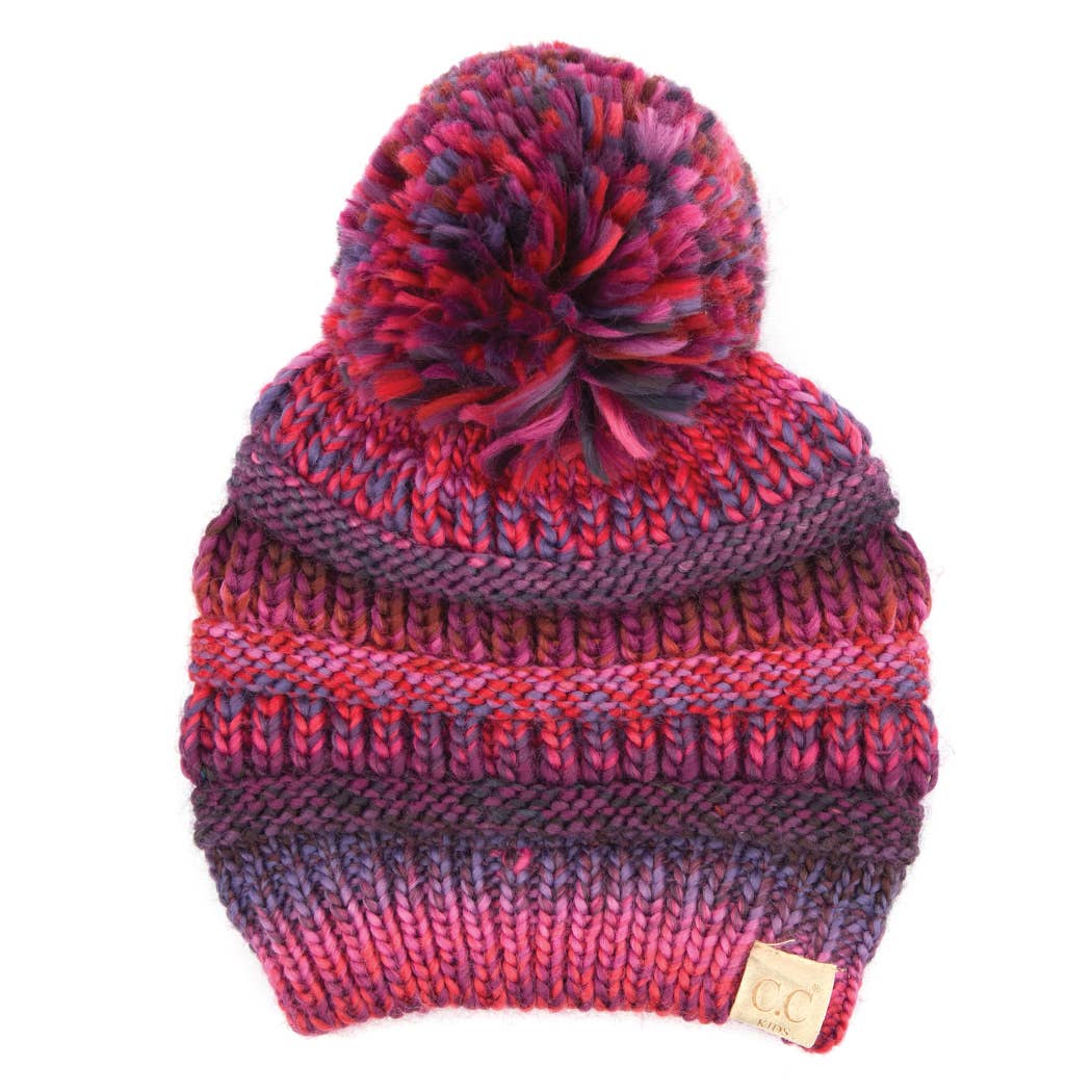 Fashion City - Vente Bonnet – enfant - Bonnet à pompons multicolore en tricot torsadé pour enfant1