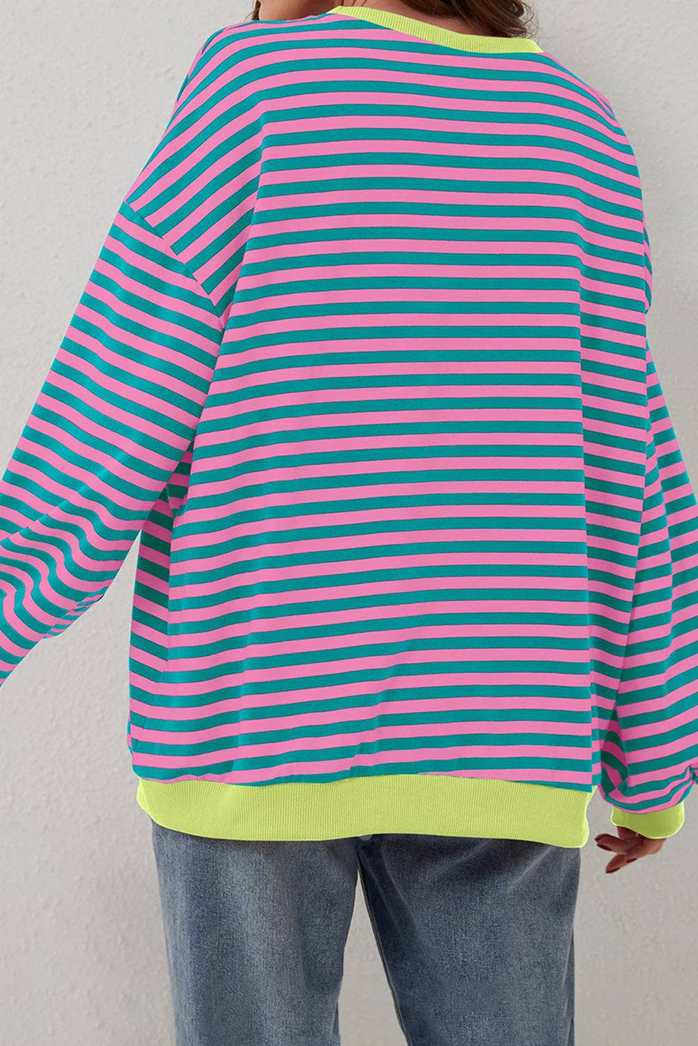 Green Stripe Oversized Colorblock Striped Pullover Sweatshirt for Women for wholesale on Faire7