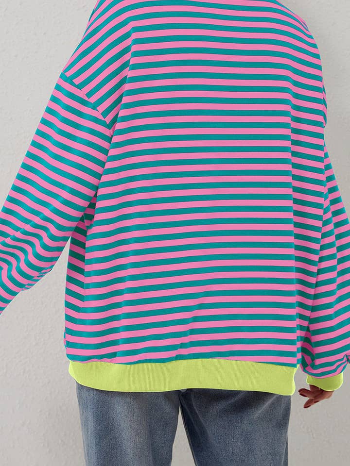 Green Stripe Oversized Colorblock Striped Pullover Sweatshirt for Women for wholesale on Faire7