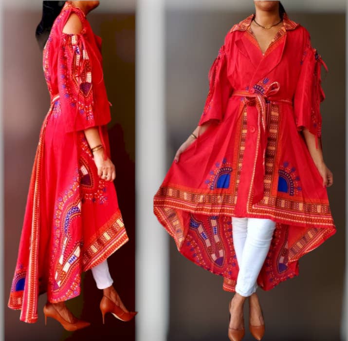 India Batik - Wholesale Dress - Women's - AN107- Women Collard Hi/ Lo Button Down Dress- Red