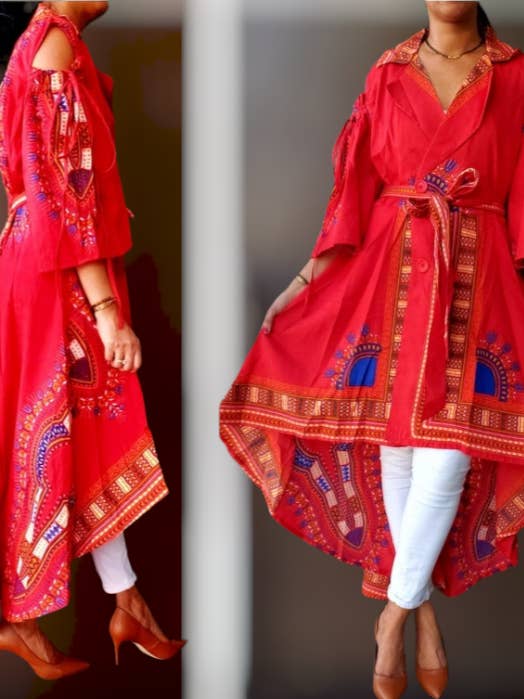 India Batik - Wholesale Dress - Women's - AN107- Women Collard Hi/ Lo Button Down Dress- Red