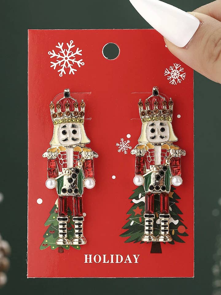 Fiery Red Christmas Nutcracker Doll Alloy Gem Holiday Earrings for wholesale by Lovesoft