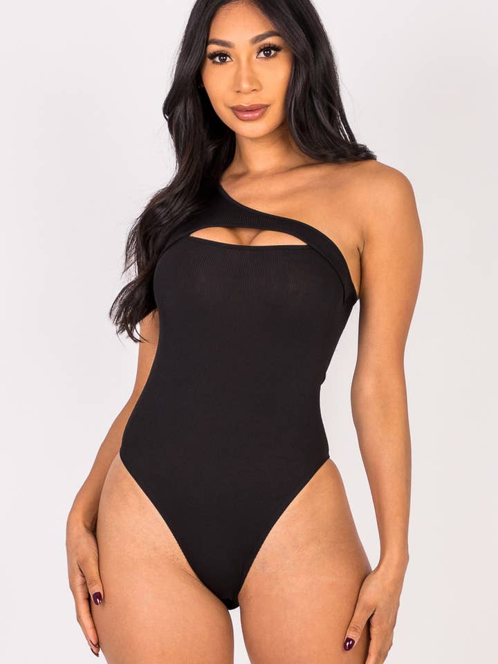 Ribbed Knit Cut Out One Shoulder Bodysuit for wholesale by CAPELLA APPAREL