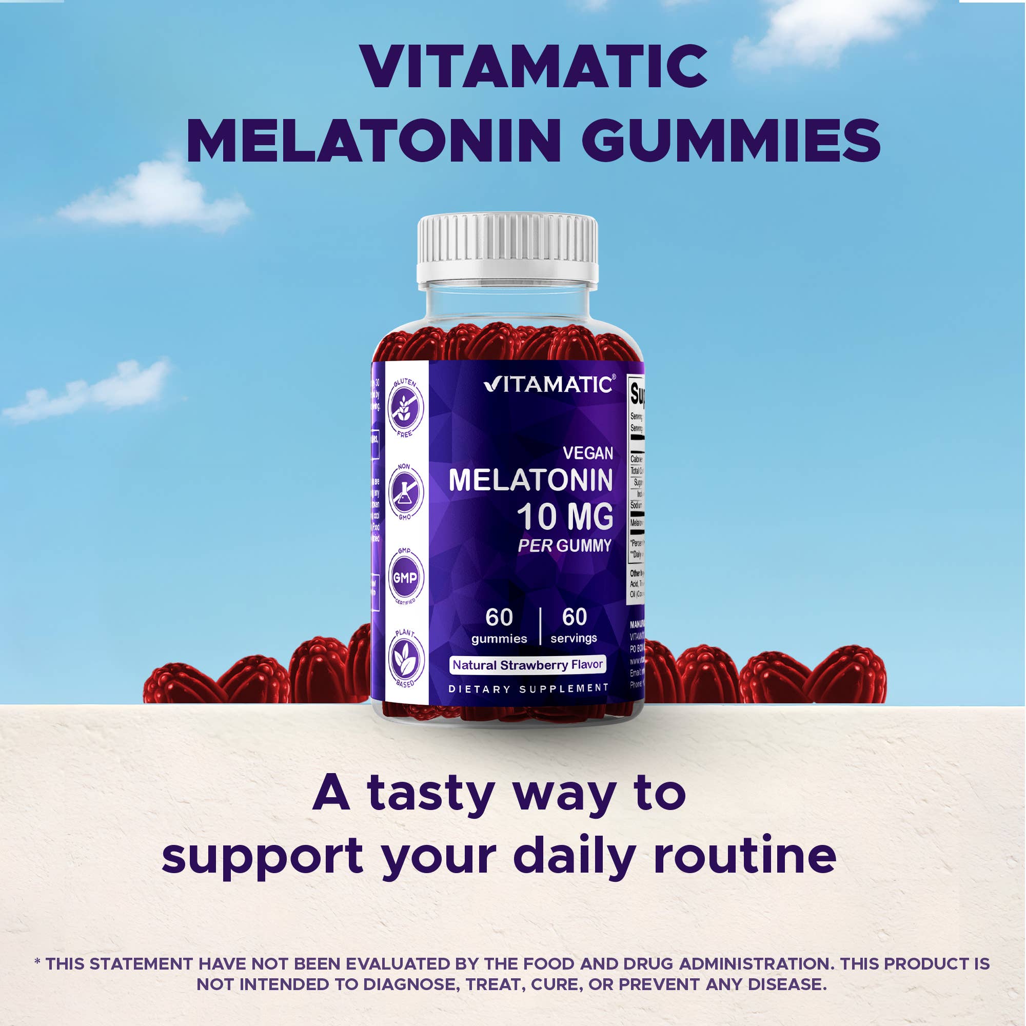 Vitamatic - Vente Supplément oral/vitamine - Vitamatic Mélatonine 10 mg | 60 Gummies véganes5