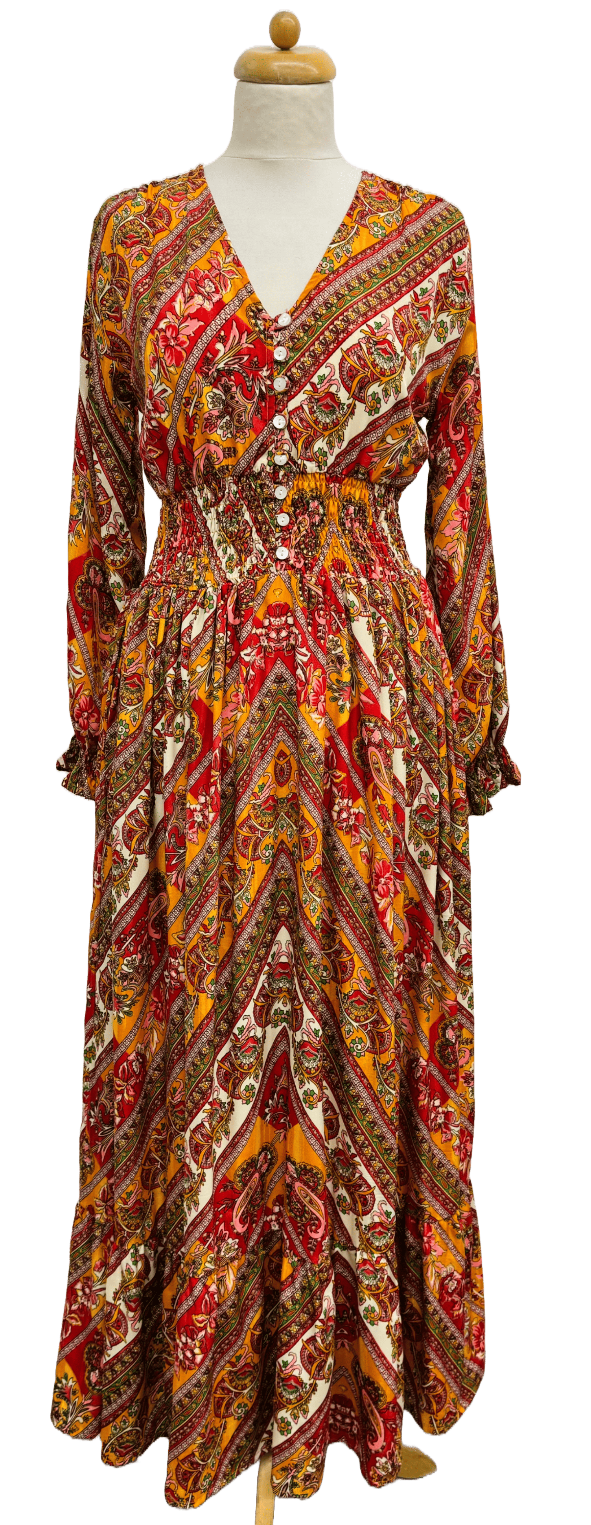 (COMBO NOIR - COMBO ROUGE - COMBO TURQUOISE) Robe en soie froide 100 % avec imprimé ethnique et taille smockée en vente sur Faire5