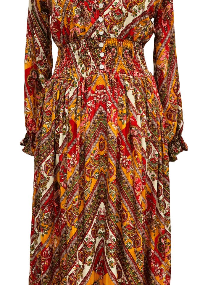 BLACK COMBO RED COMBO TURQUOISE COMBO  100% COLD SILK DRESS, ETHNIC PRINT, SMOCKING for wholesale on Faire5