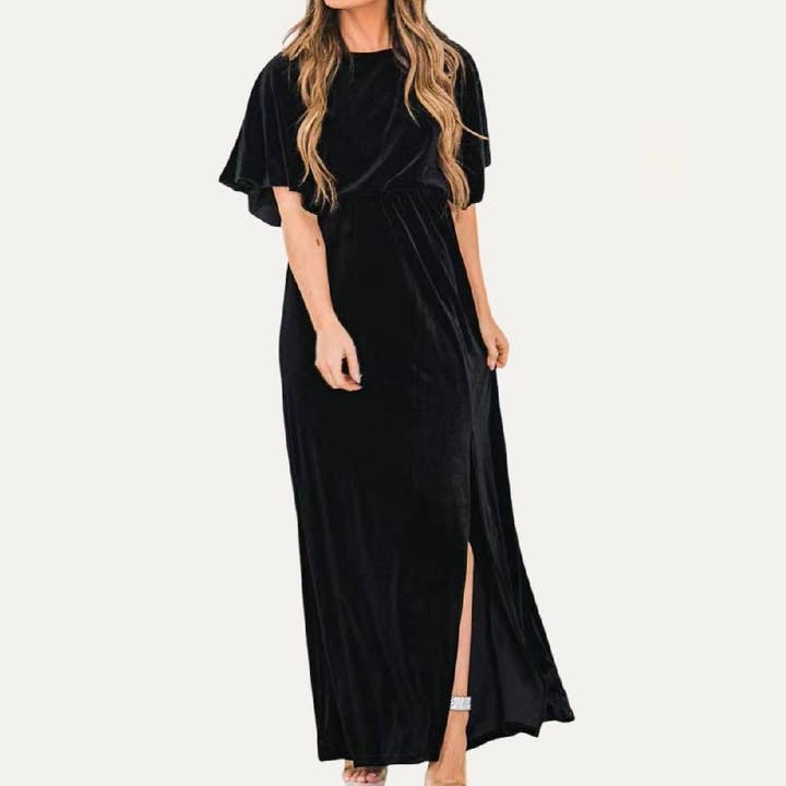 The Moment Collection - Wholesale Dress - Women's - Solid Velvet Round Neck Half Sleeves Maxi Dress3