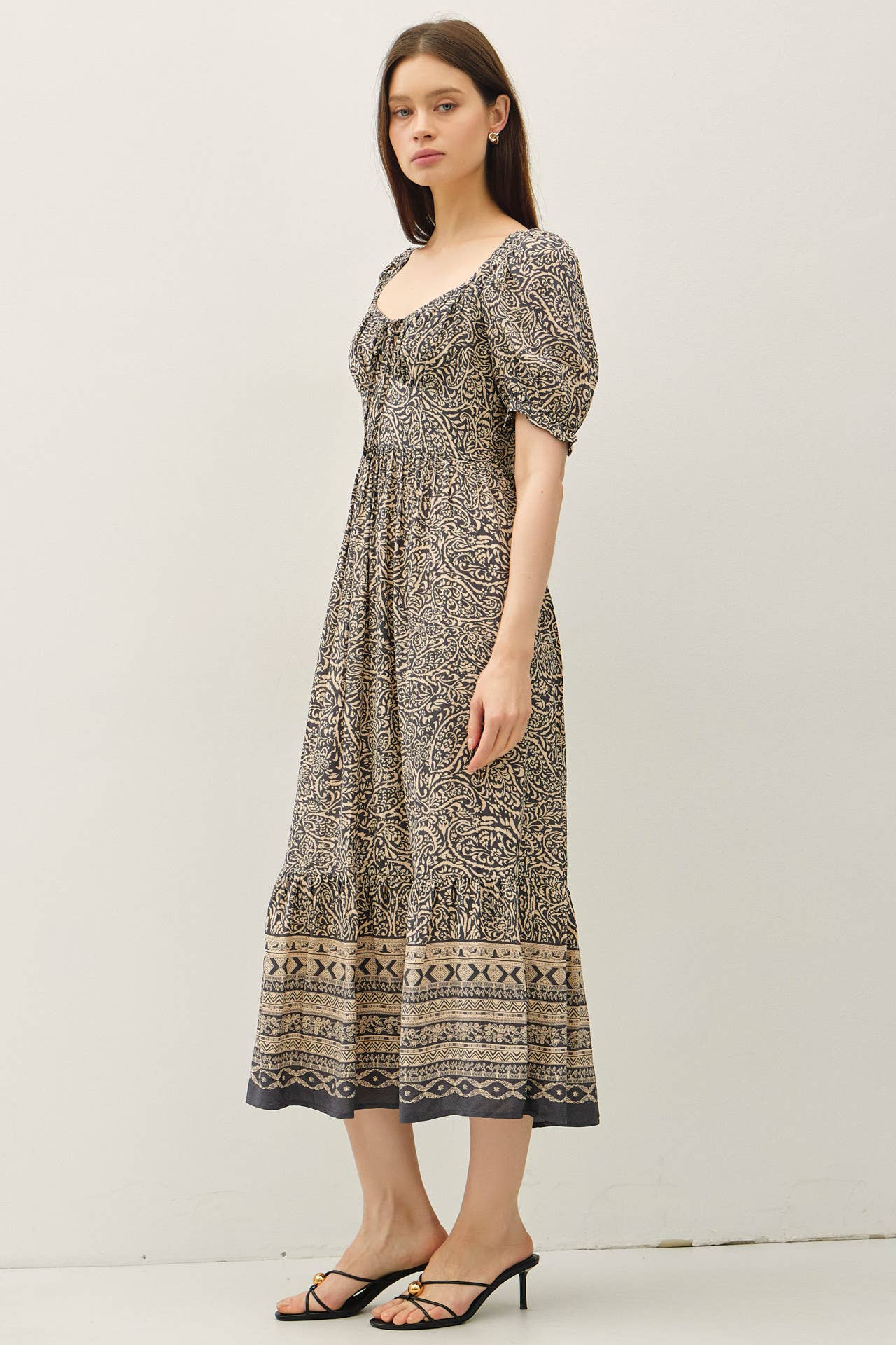 Be Cool - Vente Robe – femme - ROBE MIDI À MANCHES BOUFFANTES AVEC IMPRIMÉ BORDURE CACHEMIRE7