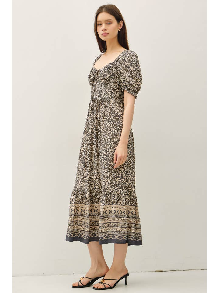 Be Cool - Wholesale Dress - Women's - PAISLEY BOARDER PRINT PUFF SLEEVE MIDI DRESS
7