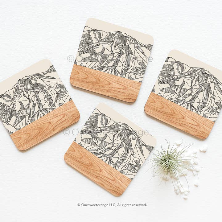 Cork Coaster Set of 4, Mountain Lines Faux Wood Coasters for wholesale by Onesweetorange