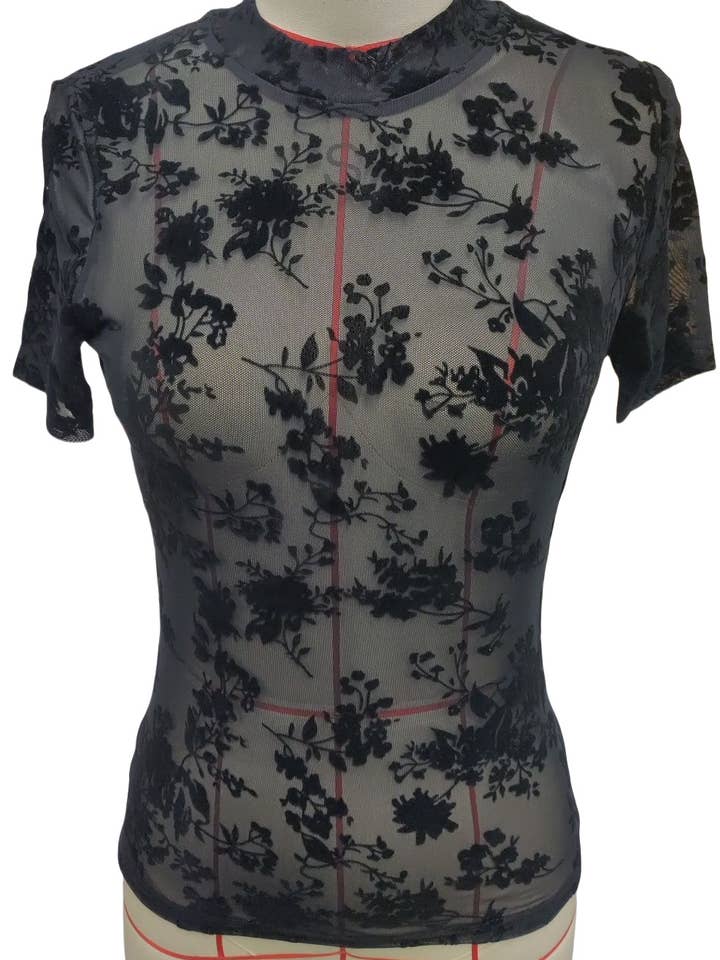 Schwarz Mesh-T-Shirt mit Blumenmuster für den Großhandel auf Faire